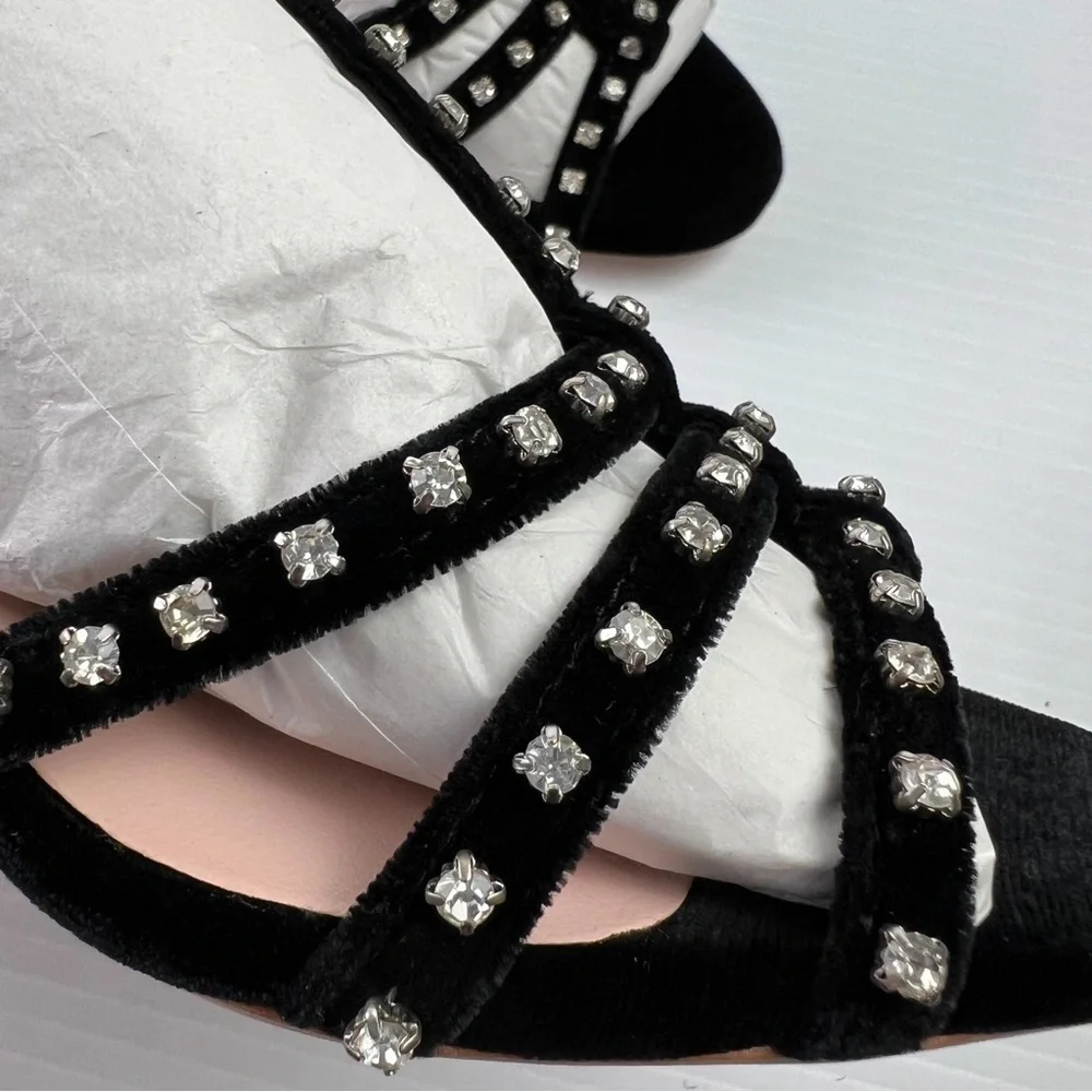 LOEFFLER RANDALL Sandal Womens 7.5  Black Elena Strappy Velvet Block-Heel Shoes